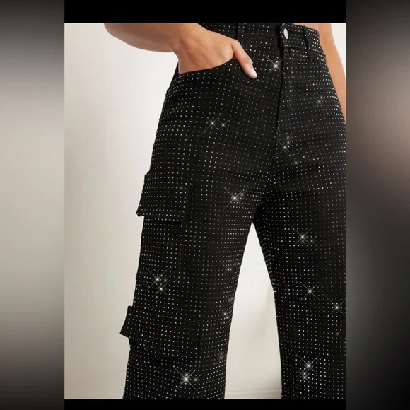 SHEIN Mid Waist Black Rhinestone Straight Leg Casual Cargo Jeans - Picture 6 of 7